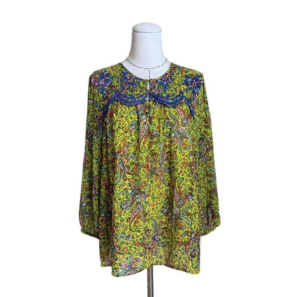 Anthropologie Priya Beaded Embroidered Floral Paisley Blouse Top Boho Large